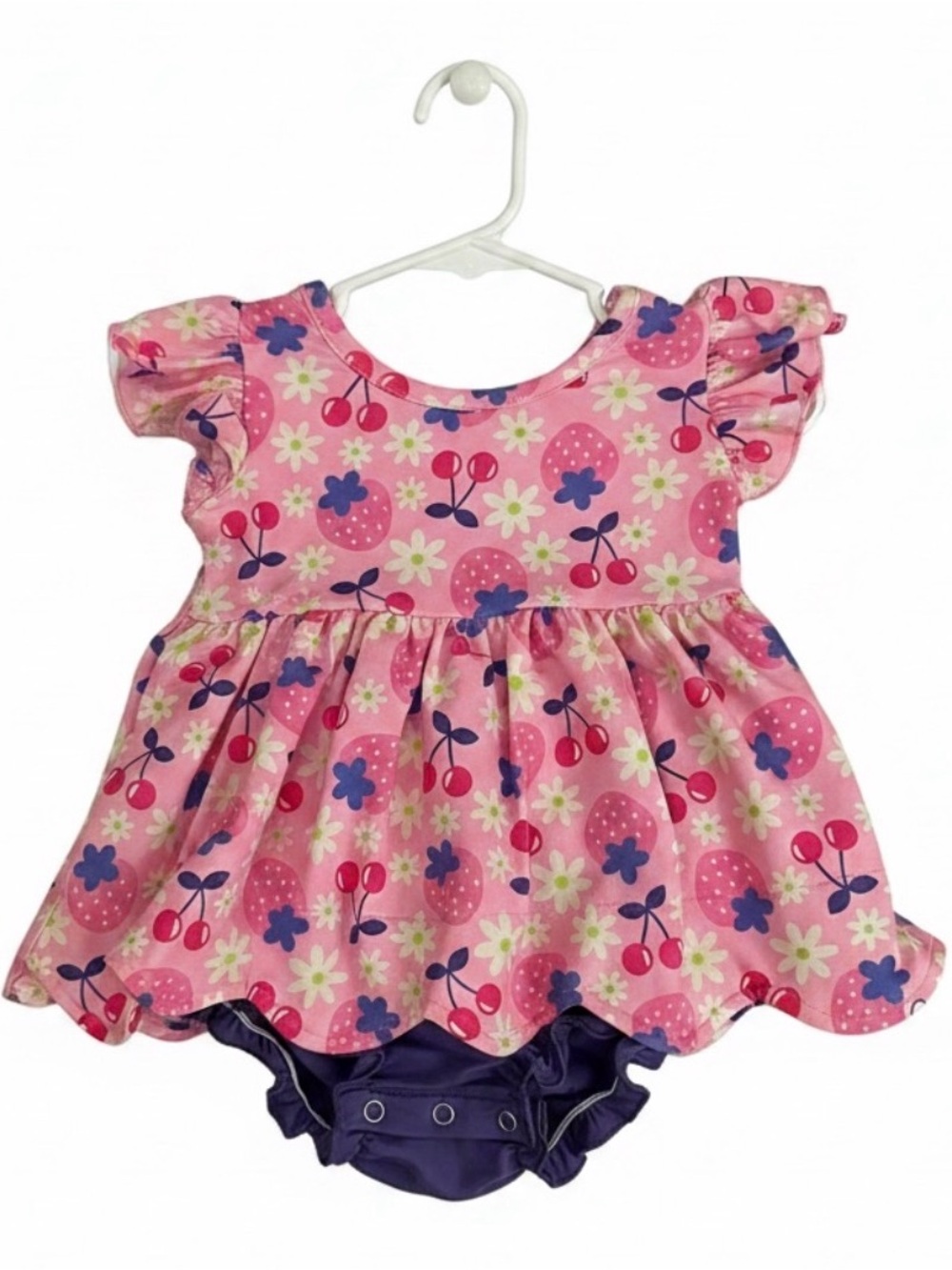 Pink Cherry & Floral Diaper Cover Dress with Navy Bloomers